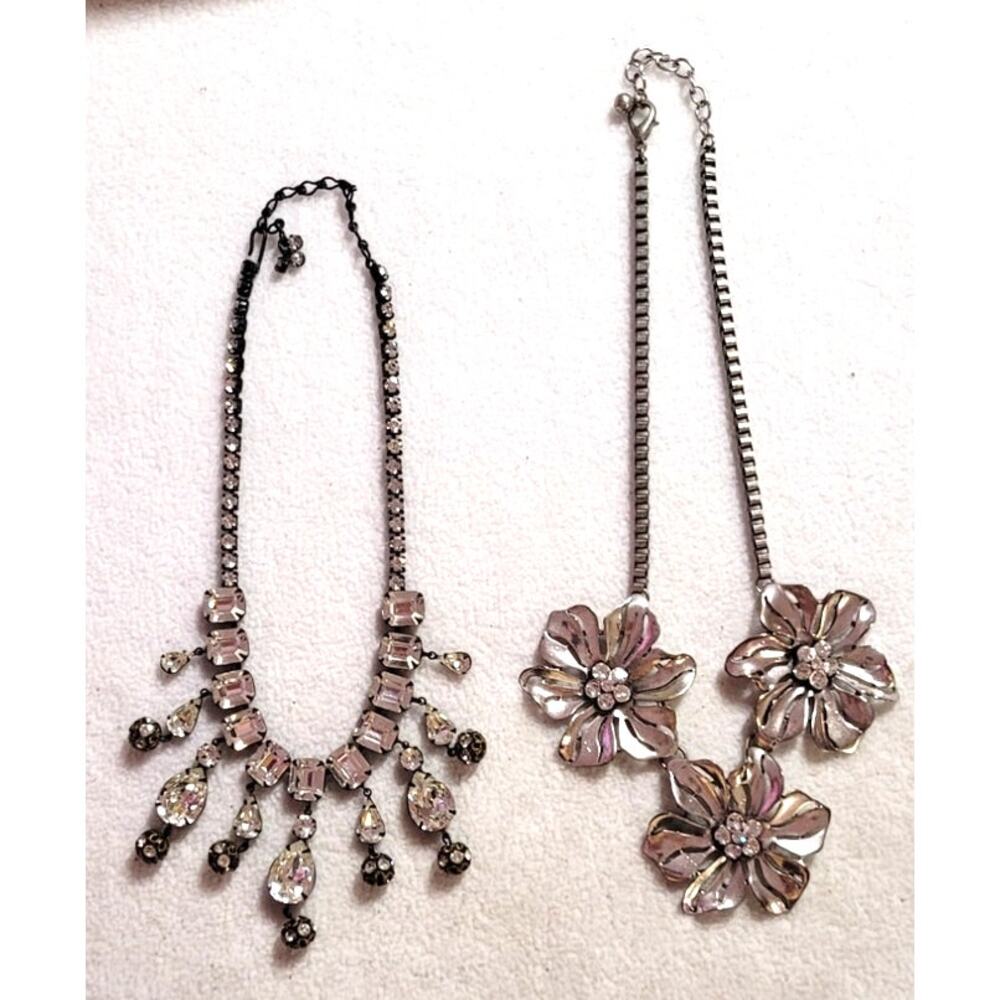 Lot of 2 Vtg Y2K Statement Necklaces Silver Tone Rhinestone Drop & Floral Bib